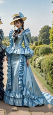 Victorian Blue Prom Dresses Bubble Sleeve Long Sleeve Satin Evening Gowns