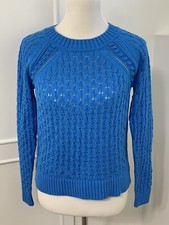 NWT Loft Women's Pointelle Knit Sweater Size XS Blue Crewneck Open Knit