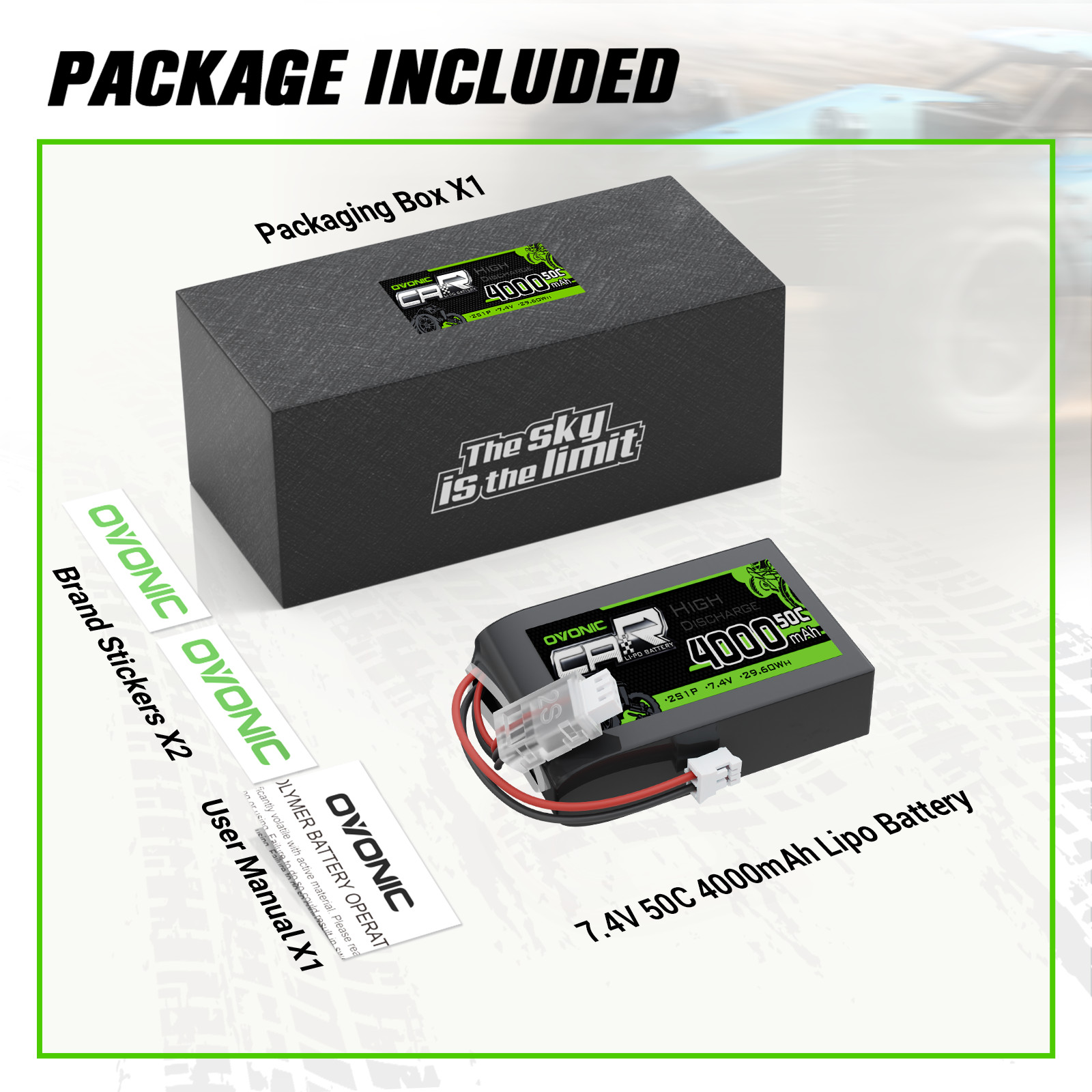 Ovonic 7.4V 50C 2S 4000mAh Lipo Battery JST for RC Plane TX16 QX7 transmitter