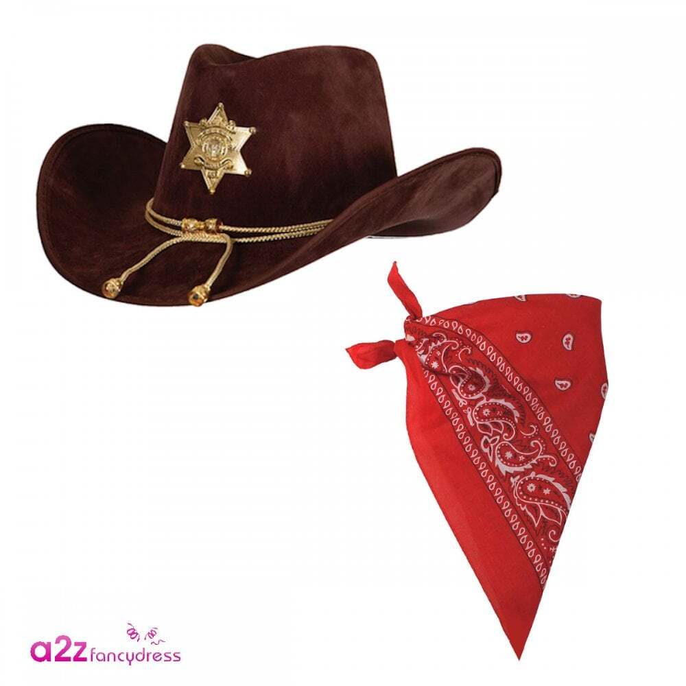Deluxe Sheriff Hat + Red Bandana - Adult Unisex Wild West Rodeo  Fancy Dress