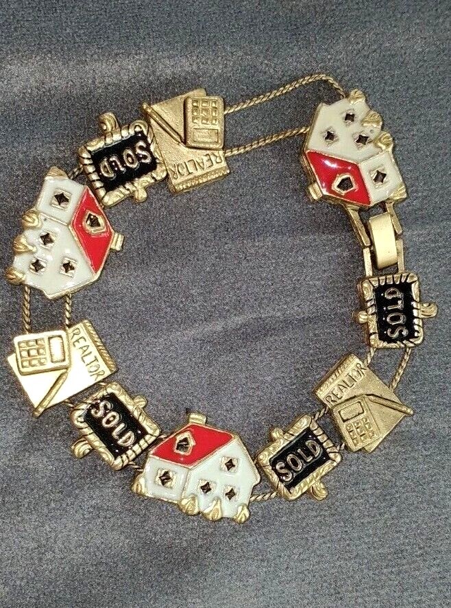 Vintage 70s Realtors Sold House Home Slider Charm Bracelet Gold