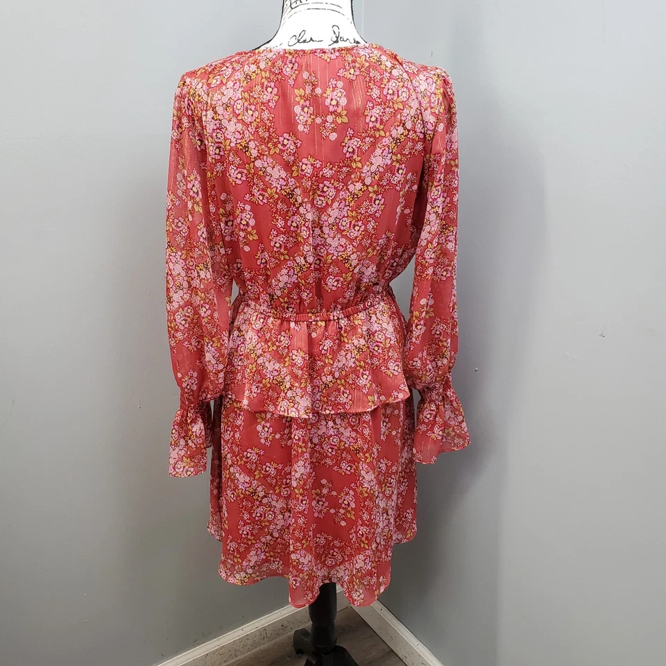 Vestido LC Lauren Conrad En Capas Mujer M Multi Floral Metálico Transparente Cuello Sobrepelliz Foto 2 de 4