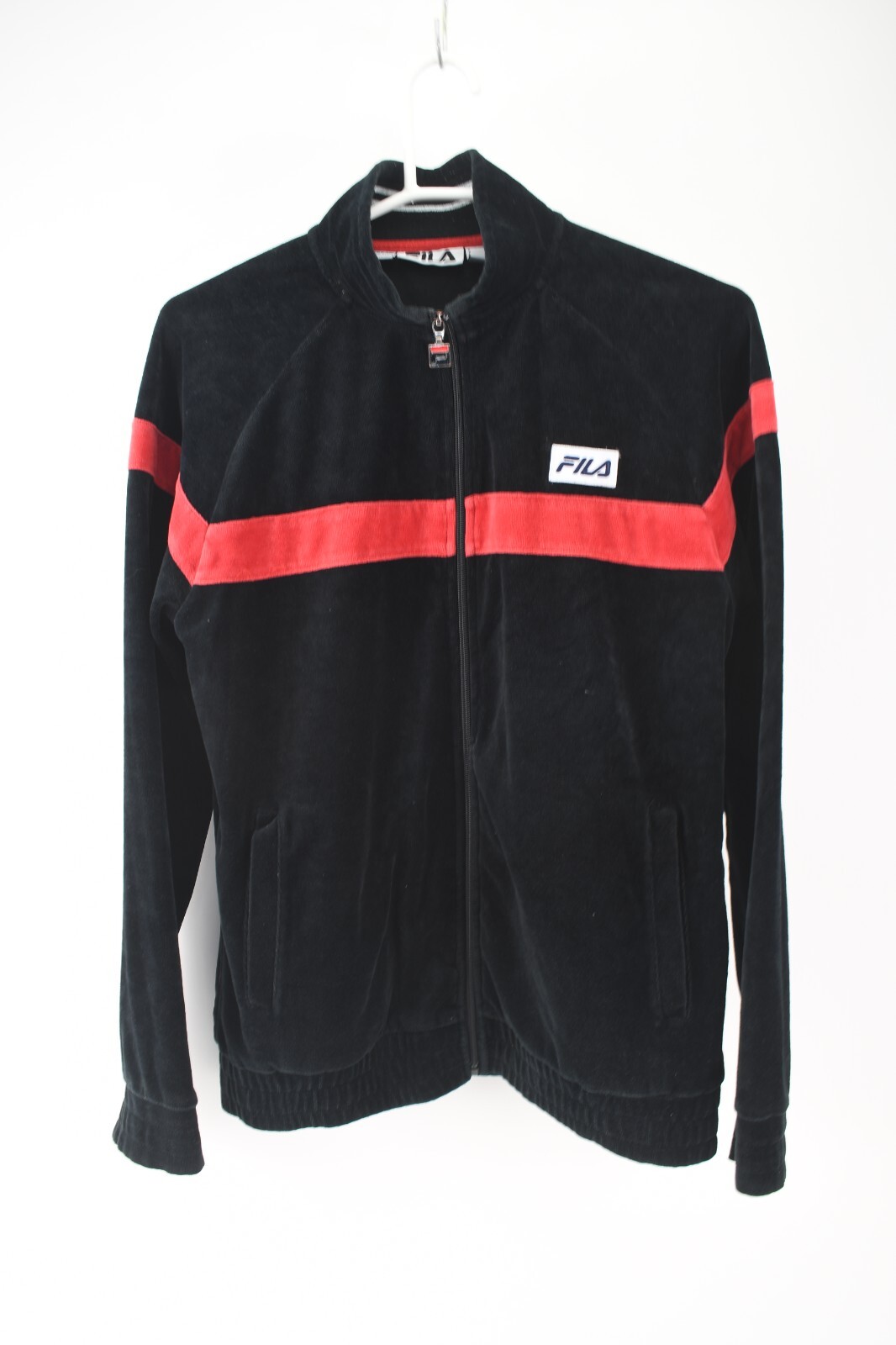 Giacca uomo Fila nera full zip velluto track righe rosse taglia M *LEGGI*