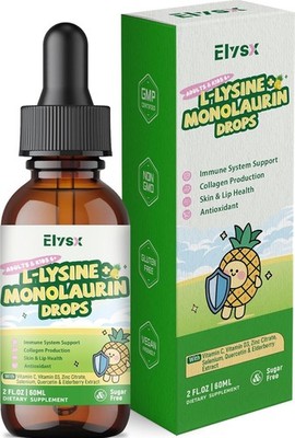 L-Lysine Monolaurin Liquid Drops 1000mg Immune Support Vitamins C D3 Zinc 2oz