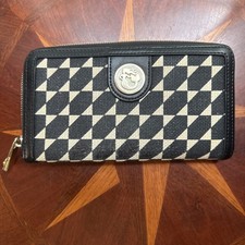 Spartina 449 Black Cream Checkered Linen Leather Zip Around Wallet Mermaid Logo