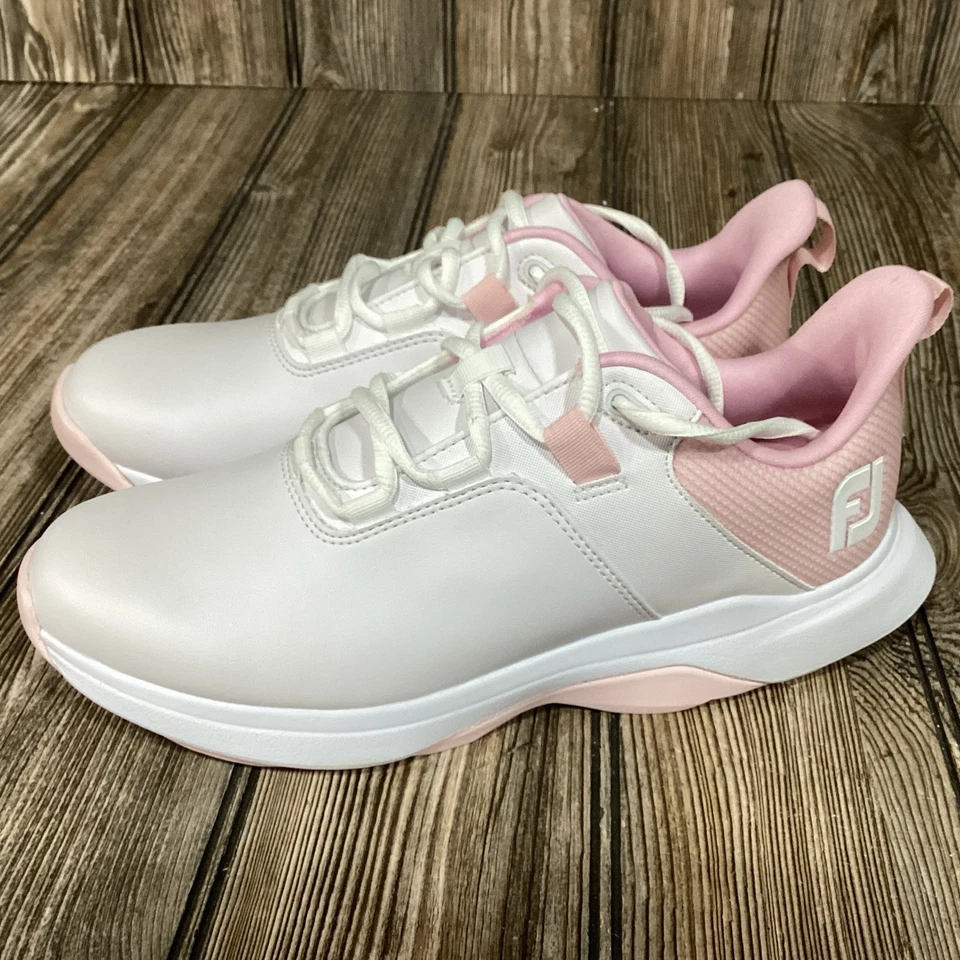 Tênis de golfe FootJoy Prolite FJ couro sem cravos branco rosa feminino 7 LARGO NOVO - Imagem 3 de 4