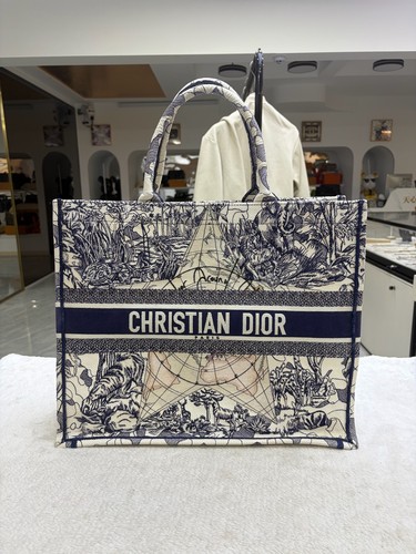 Christian Dior Around The World L Blue White Embroidered Canvas Tote Duty Paid
