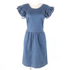 Red Valentino Cotton Sleeve Ruffles Back Ribbon Denim Dress Indigo 38 Women'S