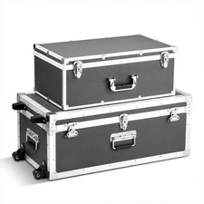 Set of 2 Metal Storage Trunks with Padlocks, Wooden Suitcase Boxes, Casters
