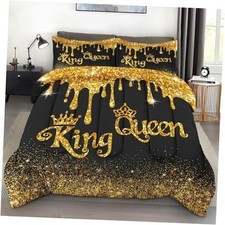 Comforter Set Size, King Queen Black Gold 3 Pcs Soft Bedding Full Gold Crown