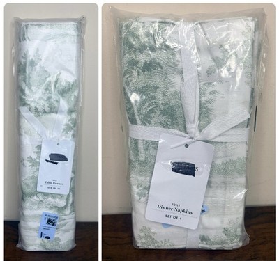 Williams Sonoma Toile Table Runner 16x108 & Toile Napkins Set Of 4 Green