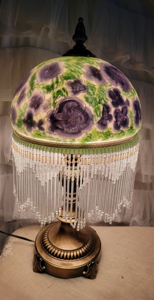 Victorian Trading Pansy Parlor Milk Glass Lamp w/ Beads Purple