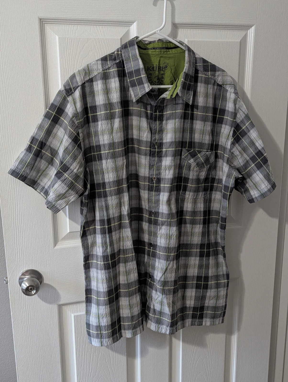 Kuhl Shirt Short Sleeve Button Up Seersucker Men's XXL Gray Green Plaid