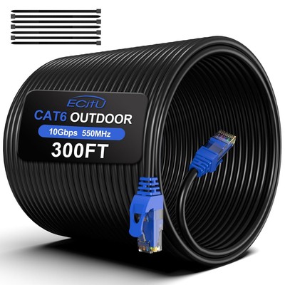 300FT Cat6 Outdoor Ethernet Cable, In-Ground, Heavy Duty 300Feet, Black-Blue 