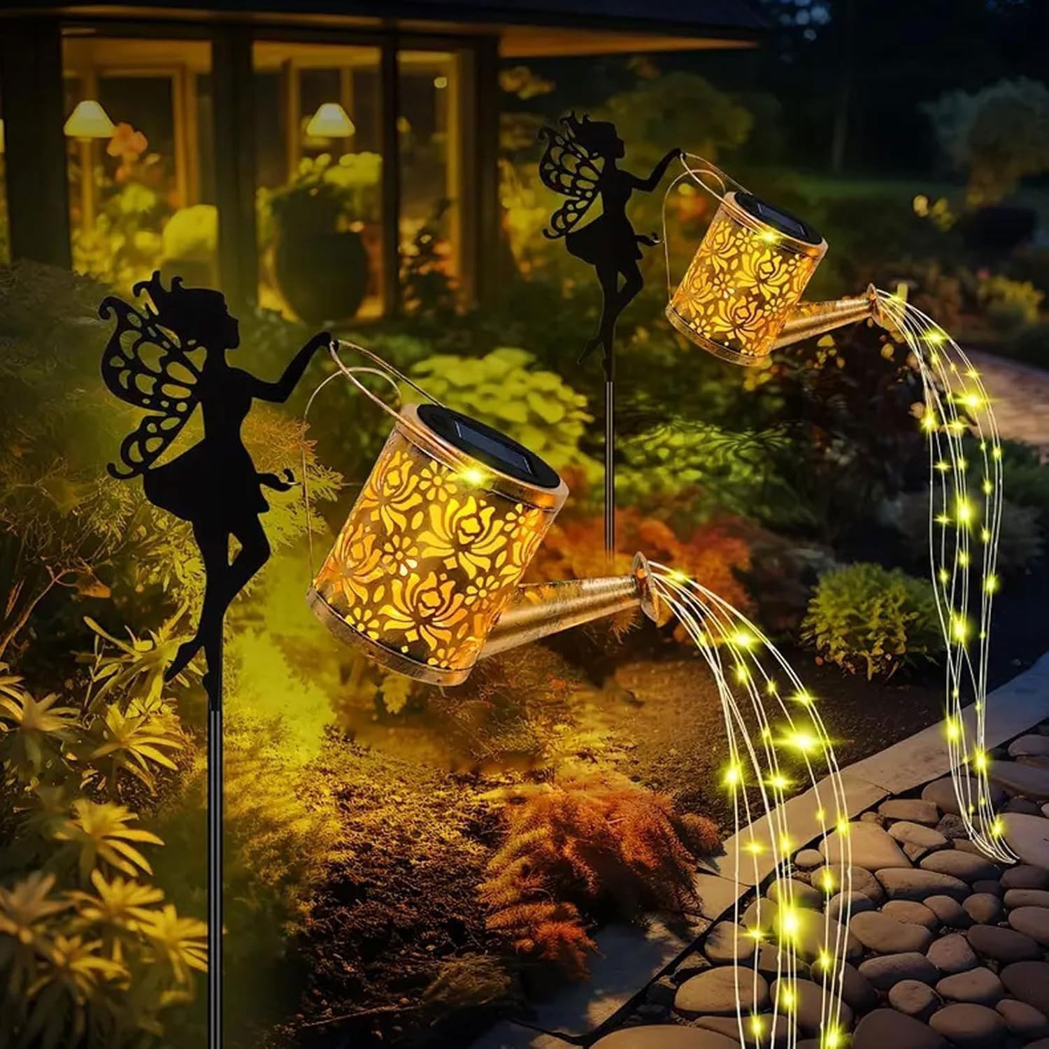 Fairy Garden Decor Solar Watering Can, Waterproof Hanging LED Garden Lights for