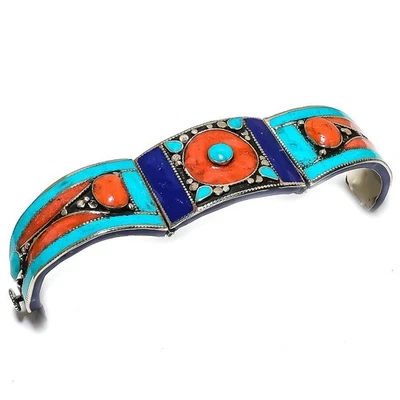 Manchette en lapis-lazuli corail turquoise fait main bijoux vintage... - Photo 1/4