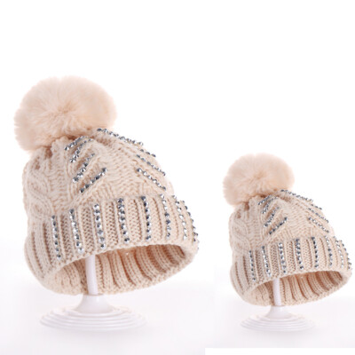 mom 2pcs Sets Mom Baby Pompon Knitted Crochet Hats Winter Warm Beanies