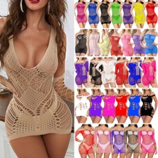 Women's Sexy Fishnet Lingerie Mini Dress Hollow Out Bodycon Babydoll Sleepwear(;