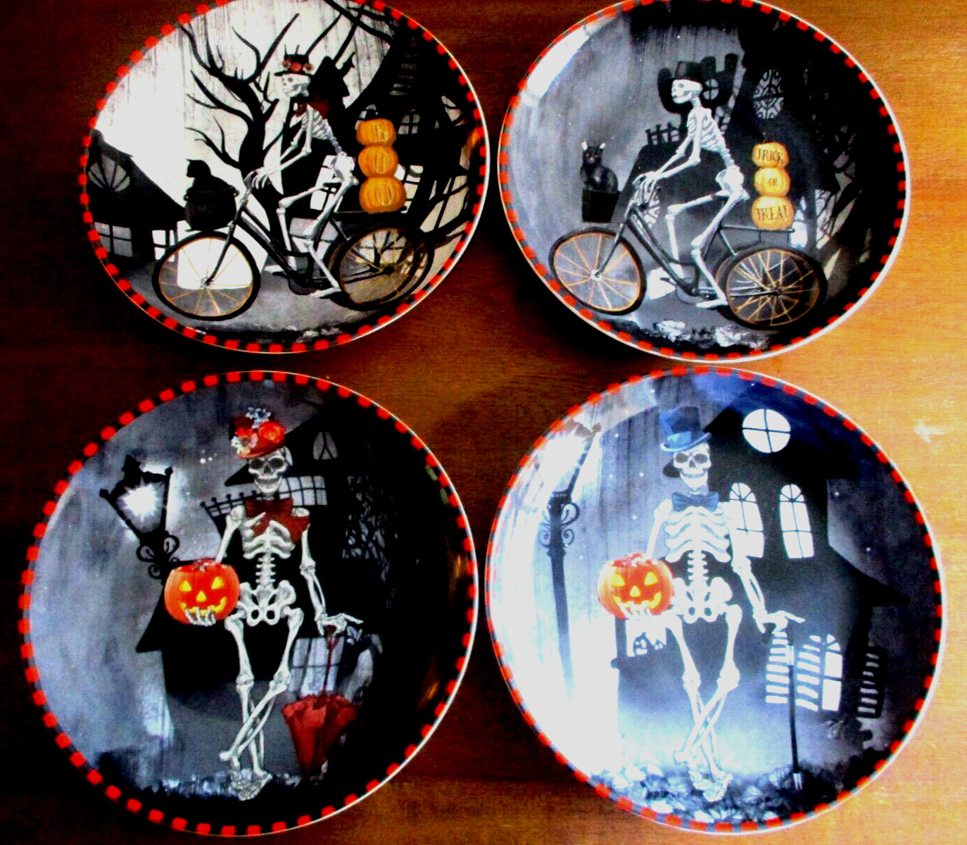 St 4 222 Fifth Halloween Dessert Salad Plates Bicycle Dapper Skeleton New