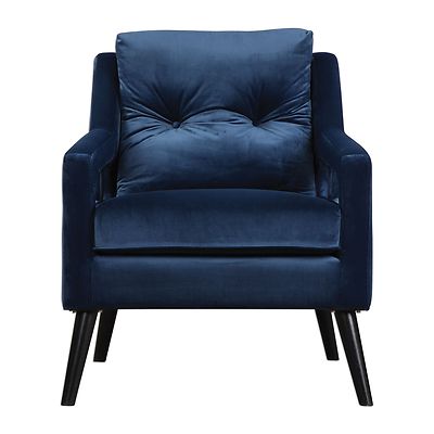 Retro Modern Dark Blue Velvet Arm Chair Vintage Plush Deep Danish