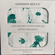 ADDISON BELLE 100 Organic Cotton Fitted Crib Sheet Baby Bedding Mermaid Print