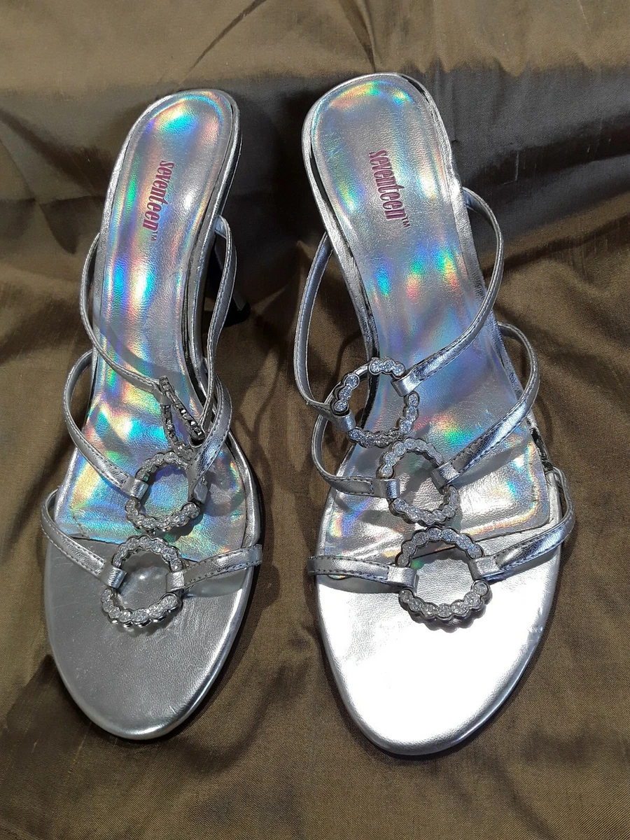 Seventeen size 6.5 silver 3 inch heels with 3 circles of rhinestones on straps
