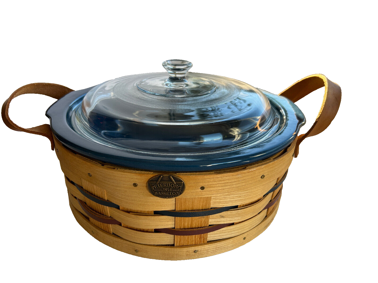 Peterboro Basket Stoneware 12" Blue Lidded Casserole, Leather Handle, Lazy Susan eBay