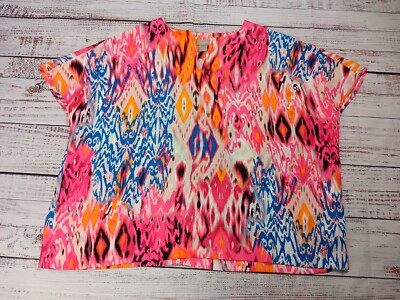 Chicos Blouse Woman's O Small Dolman Split Neck  Pink Blue Multi Ikat Pullover 