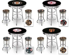 MLB Black Pub Bar Table Set w/Backless Swivel Seat Stools and a Glass Top Option