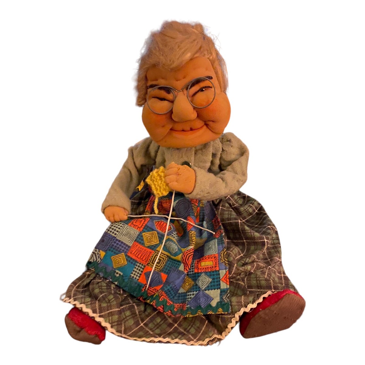 Vintage Knitting Granny Grandma Handmade Doll Sitting Squishy Face
