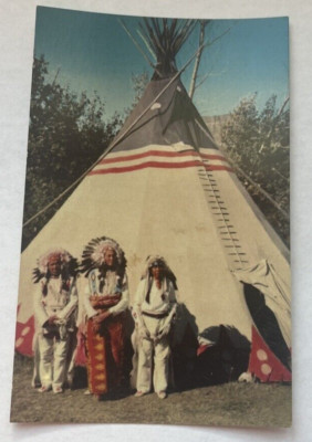 Three Indian Native America Traditional Clothing Teepee CA Postcard 1960s