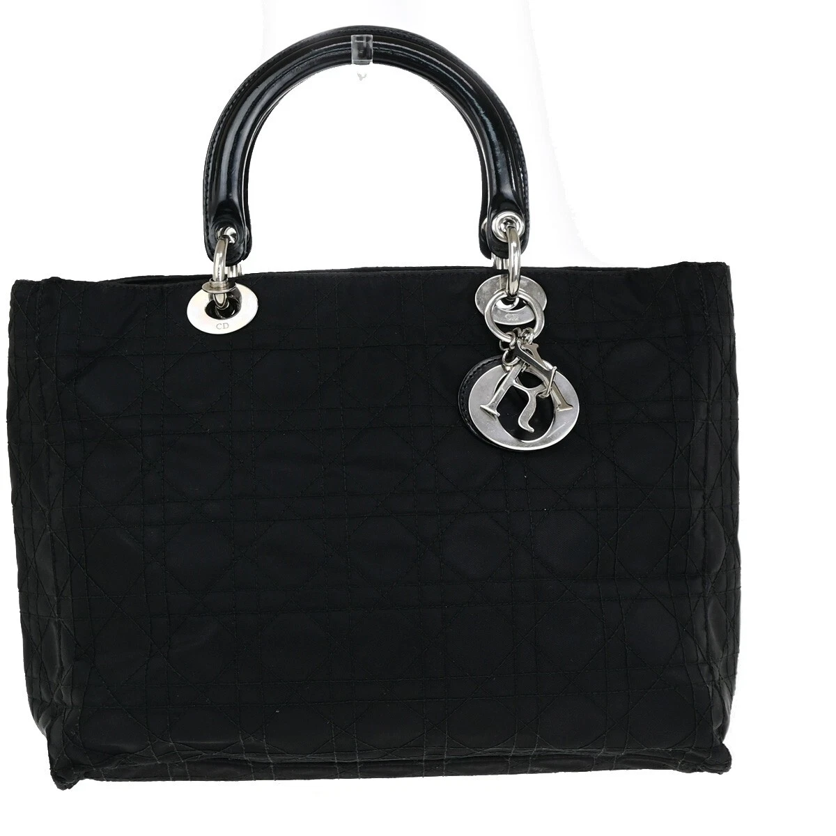 Sac à main fourre tout CHRISTIAN DIOR Lady Cannage nylon cuir noir GHW Italie 72EC656