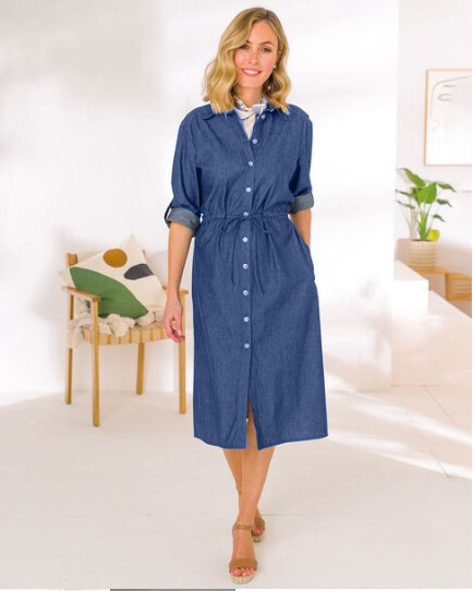 Women Casual Blue Button Through Belted Denim Midi Shirt  Size,UK12-20