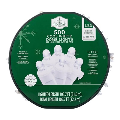 Holiday Time 500-Count Cool White LED Dome Christmas String Lights White Cord