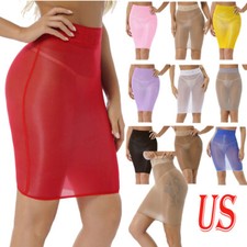 Women Lace Short Skirt High Waist Shiny See-through Sheer Glossy Oil Mini Skirts