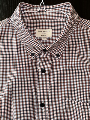 club monaco men Button Up Slim Fit Shirt XL Orange, Blue, White Square Pattern