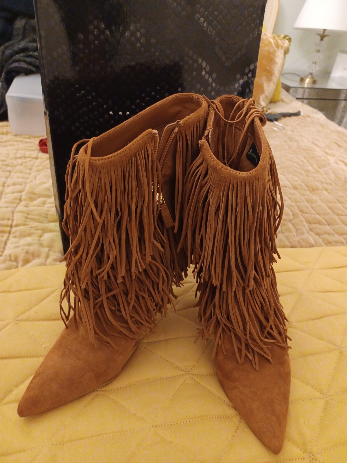 TAN SUEDE FRINGED STILETTO CALF BOOT (Boxed) UK 6.5 Bought from US. SAM