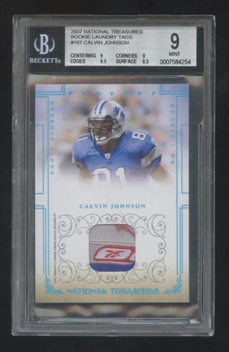 BGS 9 CALVIN JOHNSON 2017 NATIONAL TREASURES ROOKIE LAUNDRY TAG PATCH #D /10 HOF