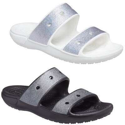 Damen Crocs Glitzer Sandalen Open Toe II 2 Riemen Flip Flops Pantoletten Sommerschuhe