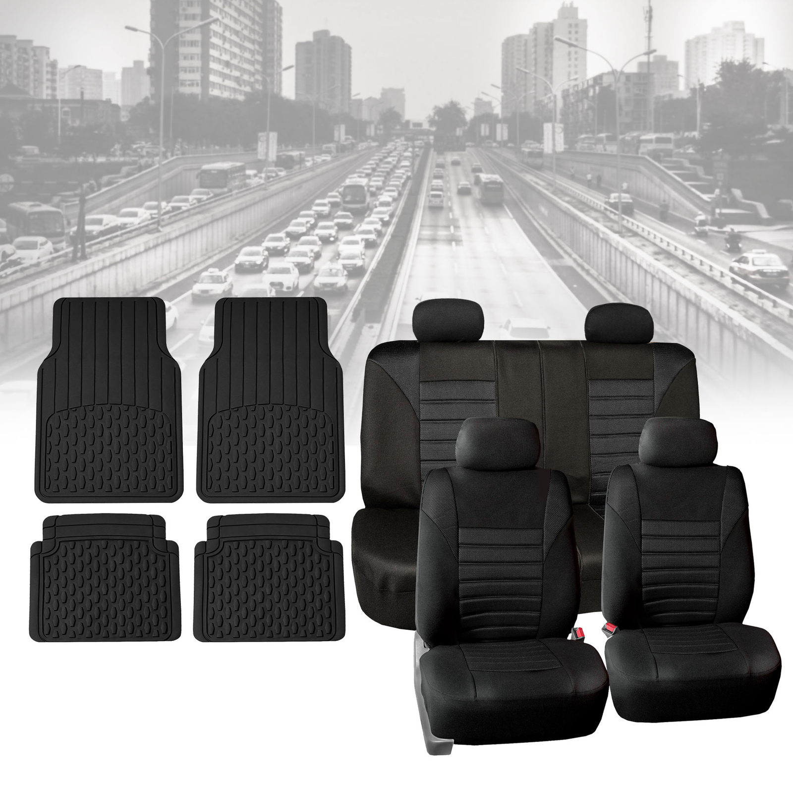 Seat Cover for Car Suv Van Black 60/40 Split Bench With Black Floor Mats Combo
