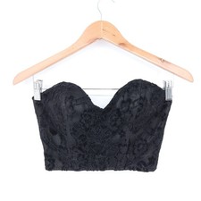 Black Floral Lace Corset Crop Top Sweetheart Zip Back Strapless XS