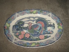Large Blue Transferware Oval Thanksgiving Turkey Platter 