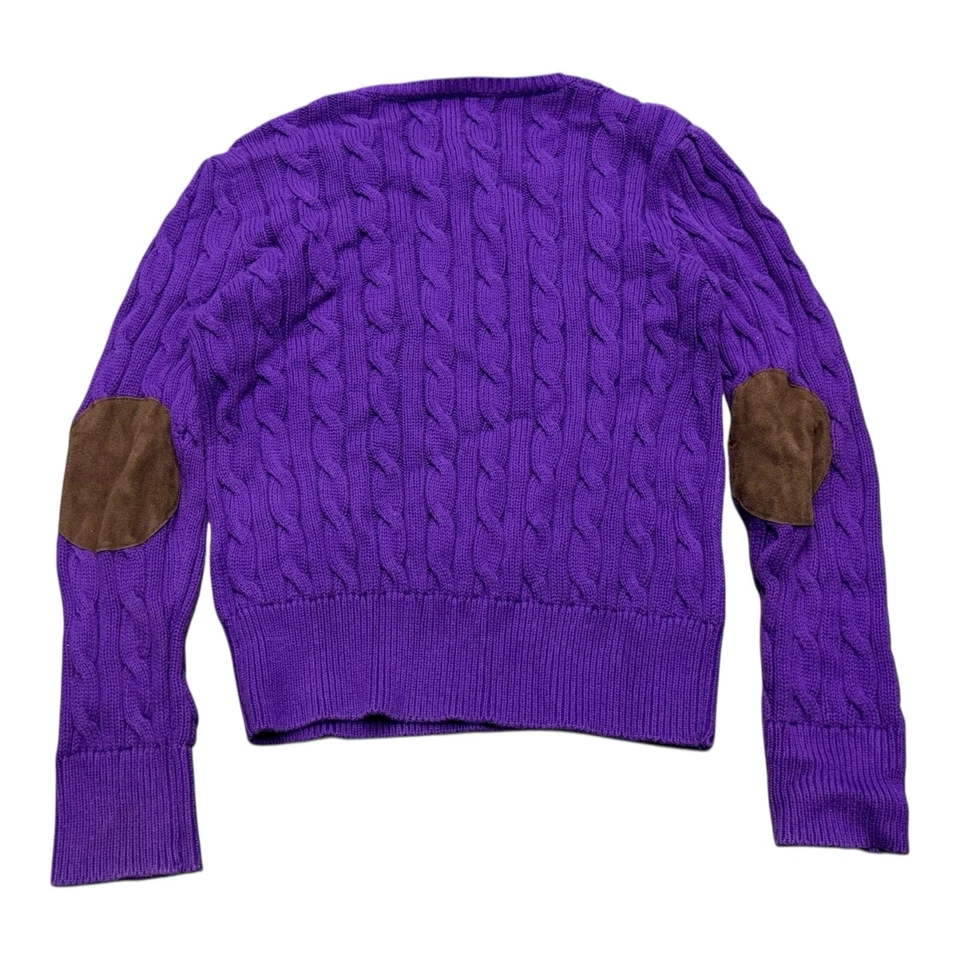 Suéter Ralph Lauren Tejido con Cable Jóvenes Niñas Talla 6X Parches en el Codo de Cuero Púrpura Foto 2 de 4