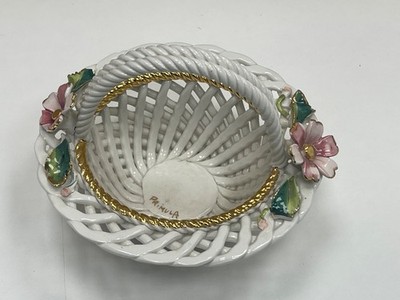 Vintage seltener italienischer handgewebter Primel Blumen Keramik Korb mit Goldgriff