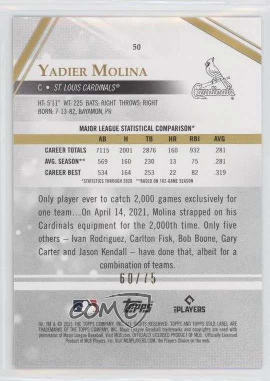 2021 Topps Gold Label Class 2 Purple /75 Yadier Molina #50 - Image 2 of 2
