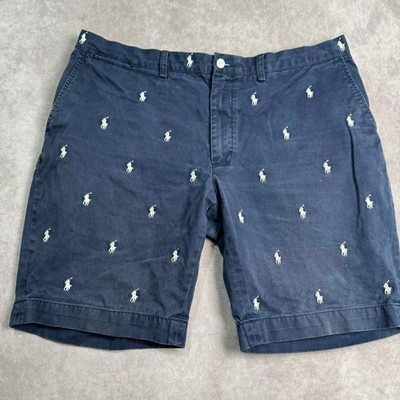 Polo Ralph Lauren Mens Navy Blue All Over Embroidered Pony Chino Shorts Size 40