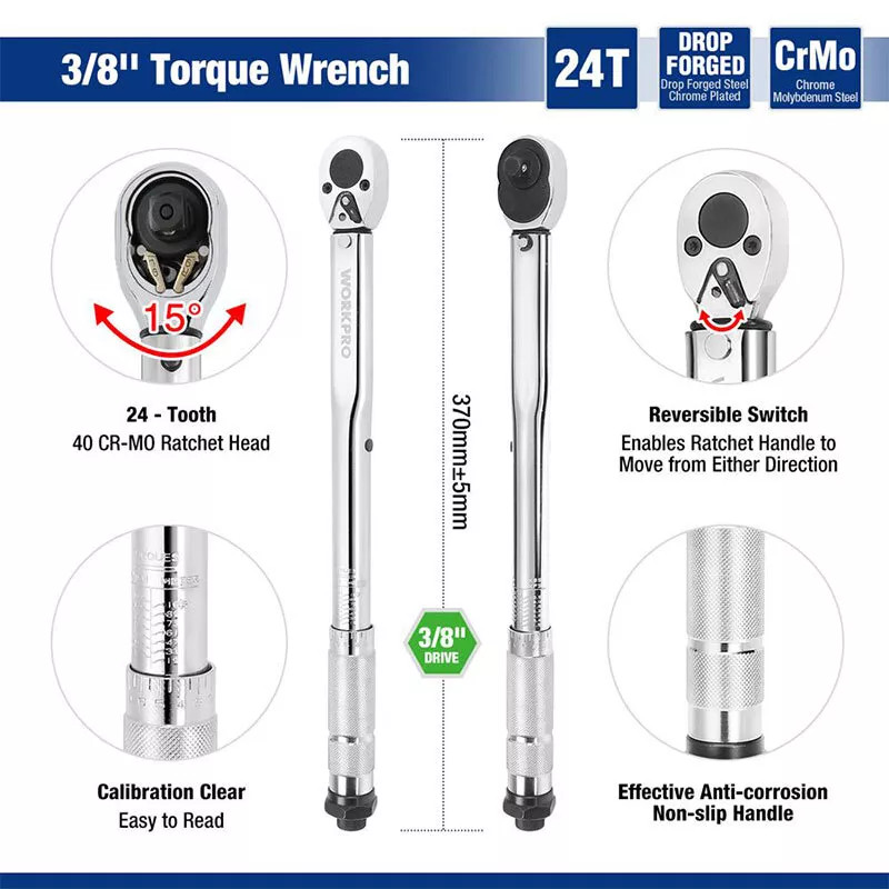 3/8" Drive Calibrated Torque Wrench Reversible Adjustable Micrometer 19 ...