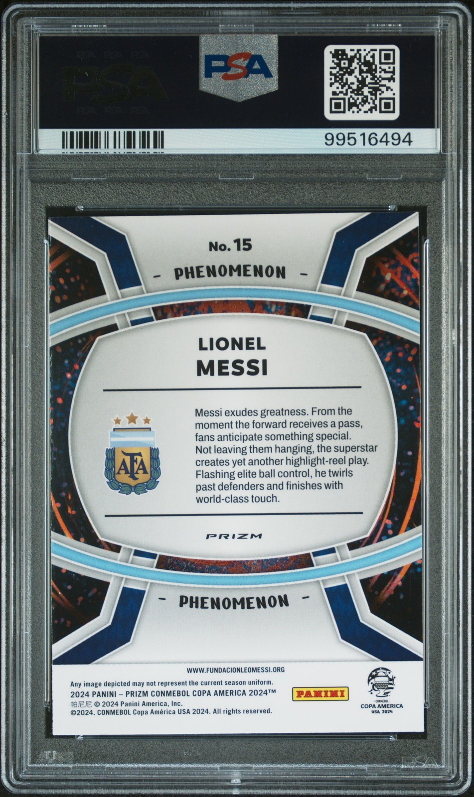 2024 Panini Prizm Copa America Lionel Messi Phenomenon-silver Prizm PSA 10 #15 view 2