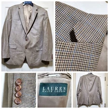Lauren Ralph Lauren Blazer Men 46R Brown Silk Wool Houndstooth Plaid Jacket Coat