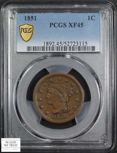 1851 Braided Hair Copper Large Cent 1C PCGS XF 45 - Picture 2 of 6